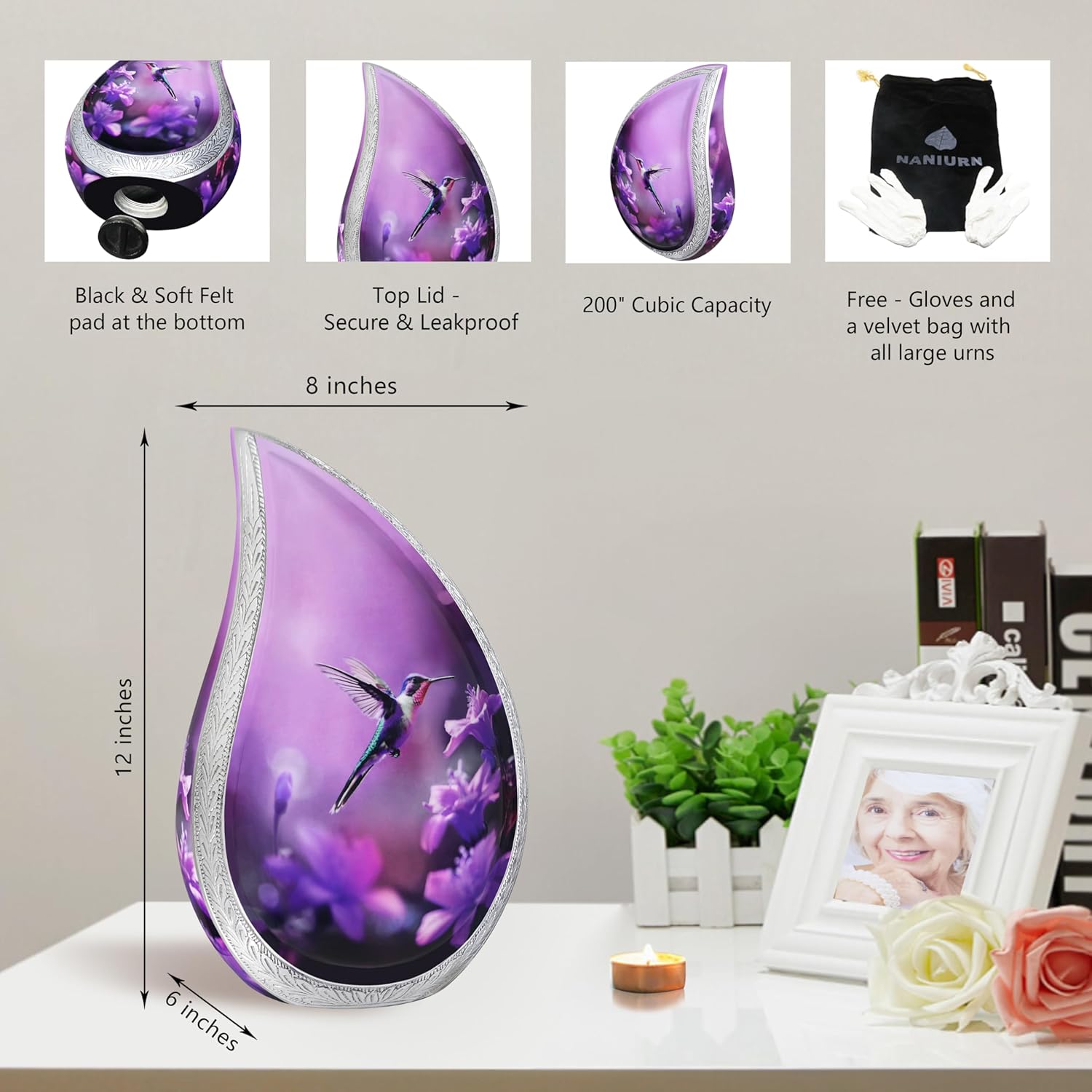 Naniurn Purple Flying Hummingbird Teardrop Urn