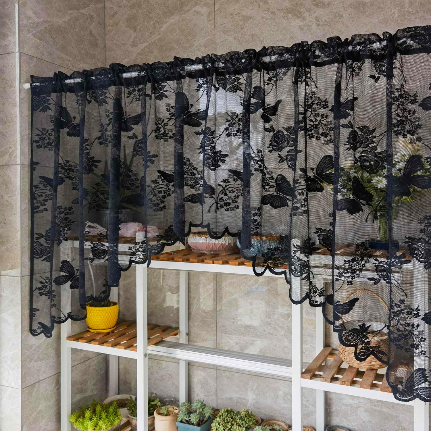 KMSG Butterfly Embroidered Sheer Curtain Valance with Rod Pocket