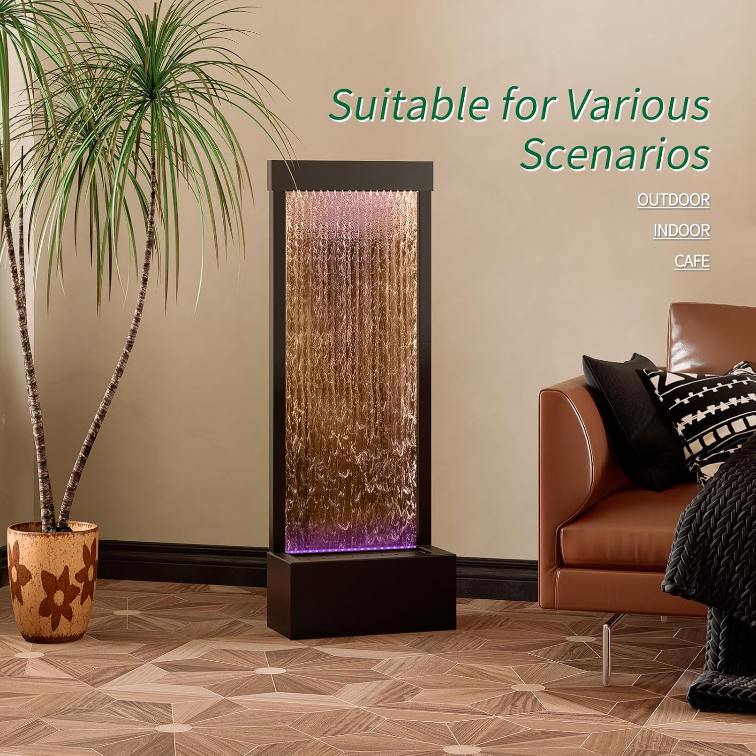 Longrun Indoor Water Fountain with LED Light and Mirror Backdrop