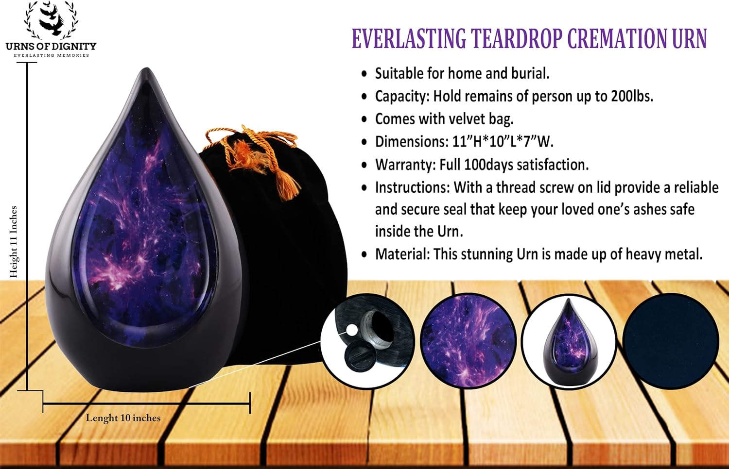 Everlasting Teardrop Cremation Urn Black Purple Galaxy Adult
