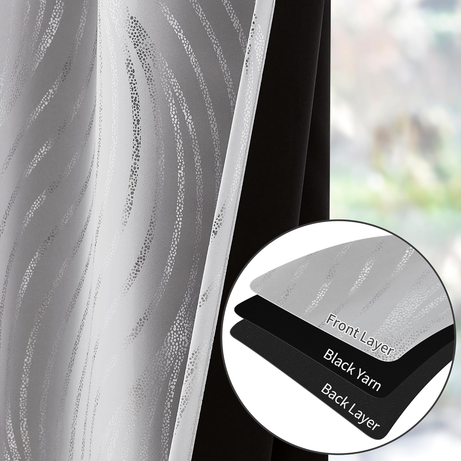 100 Blackout Curtains with Metallic Silver Wave Print