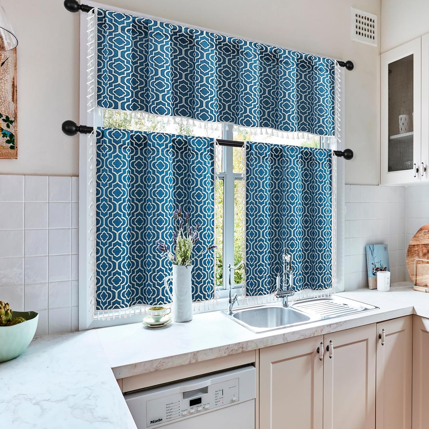 MitoVilla Boho Kitchen Valance with Tassel Blue