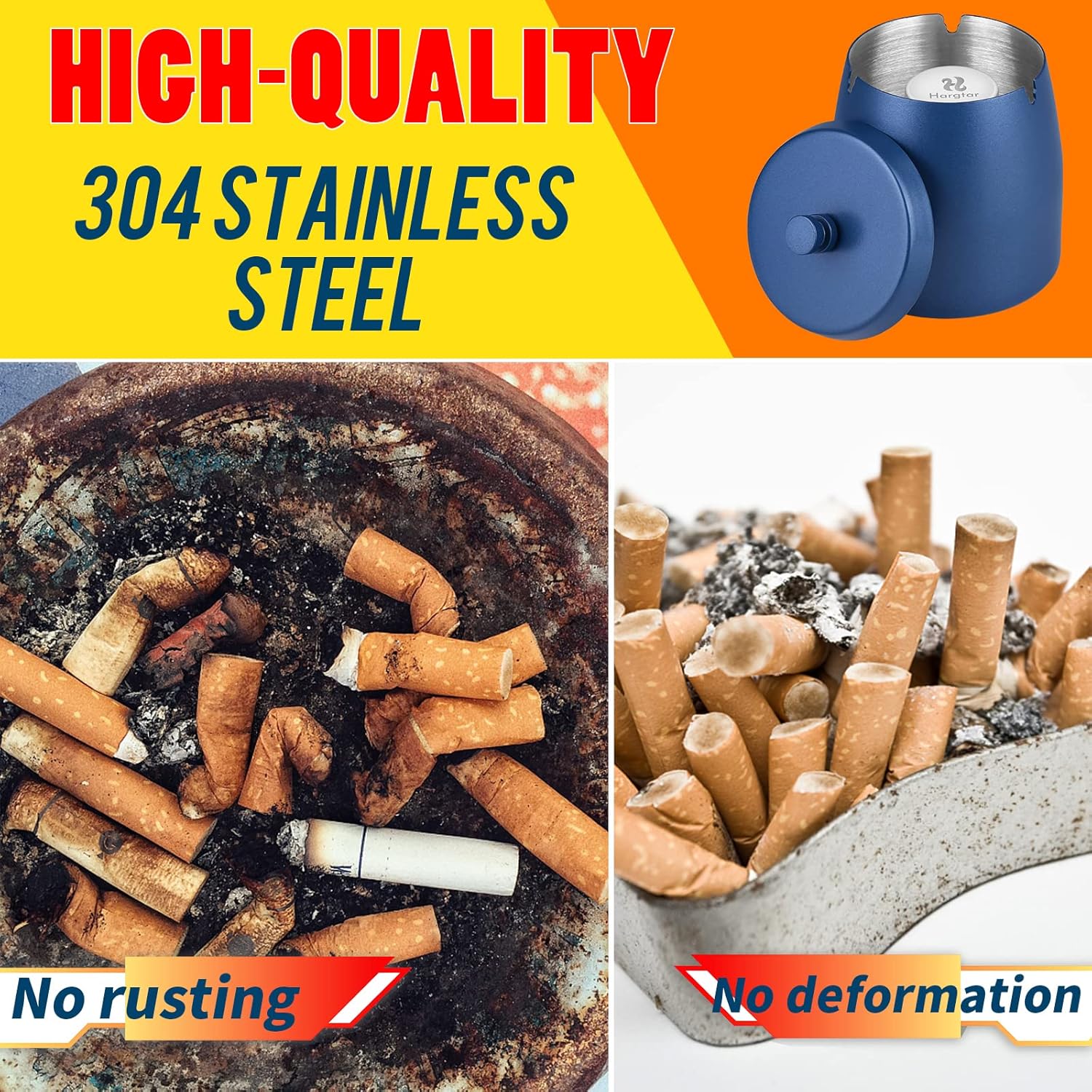HARTAR Smokeless Ashtray with Lid - Large Metal