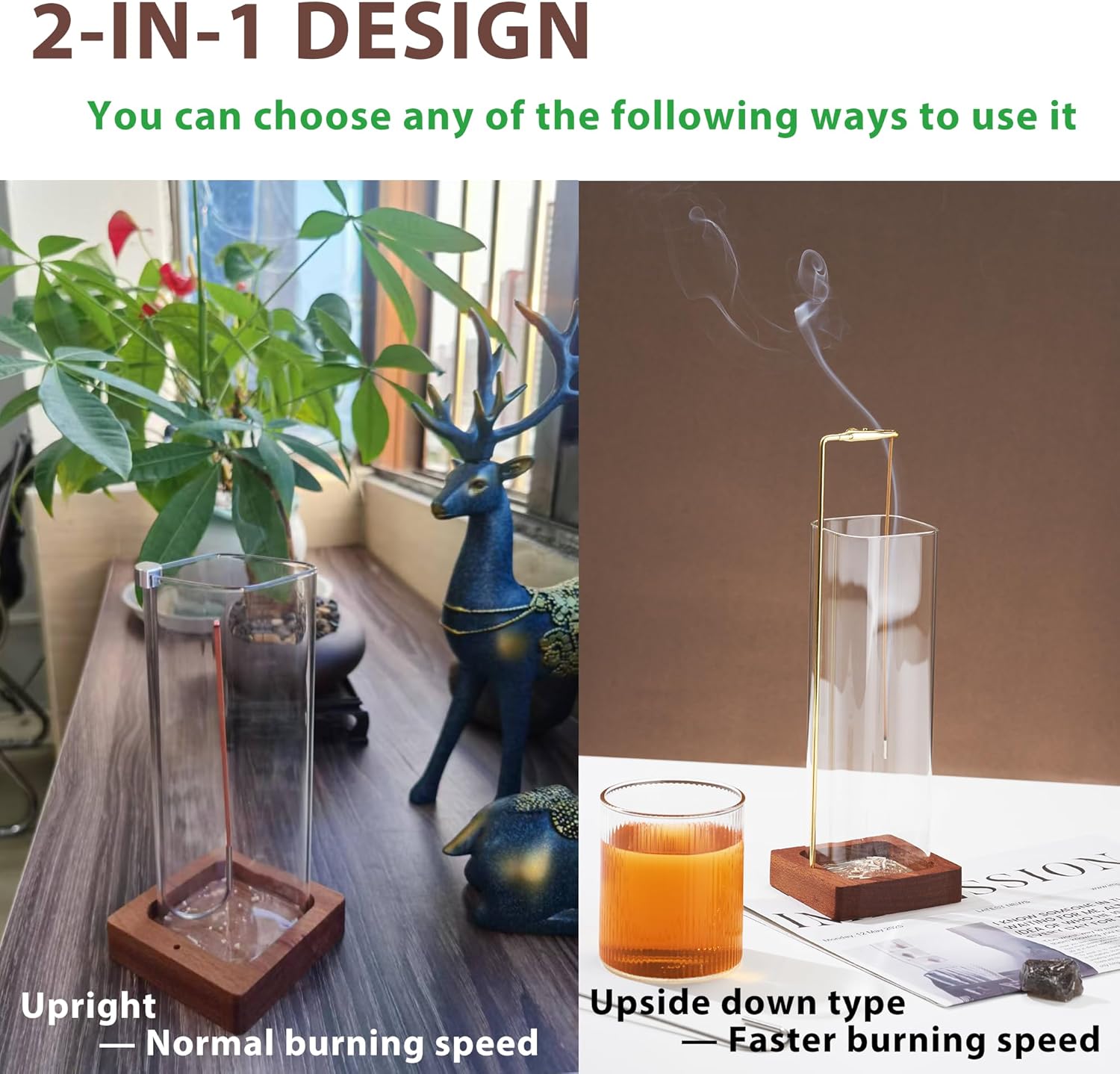 Elegant Incense Sticks Holder with Glass Ash Catcher and Wooden Base