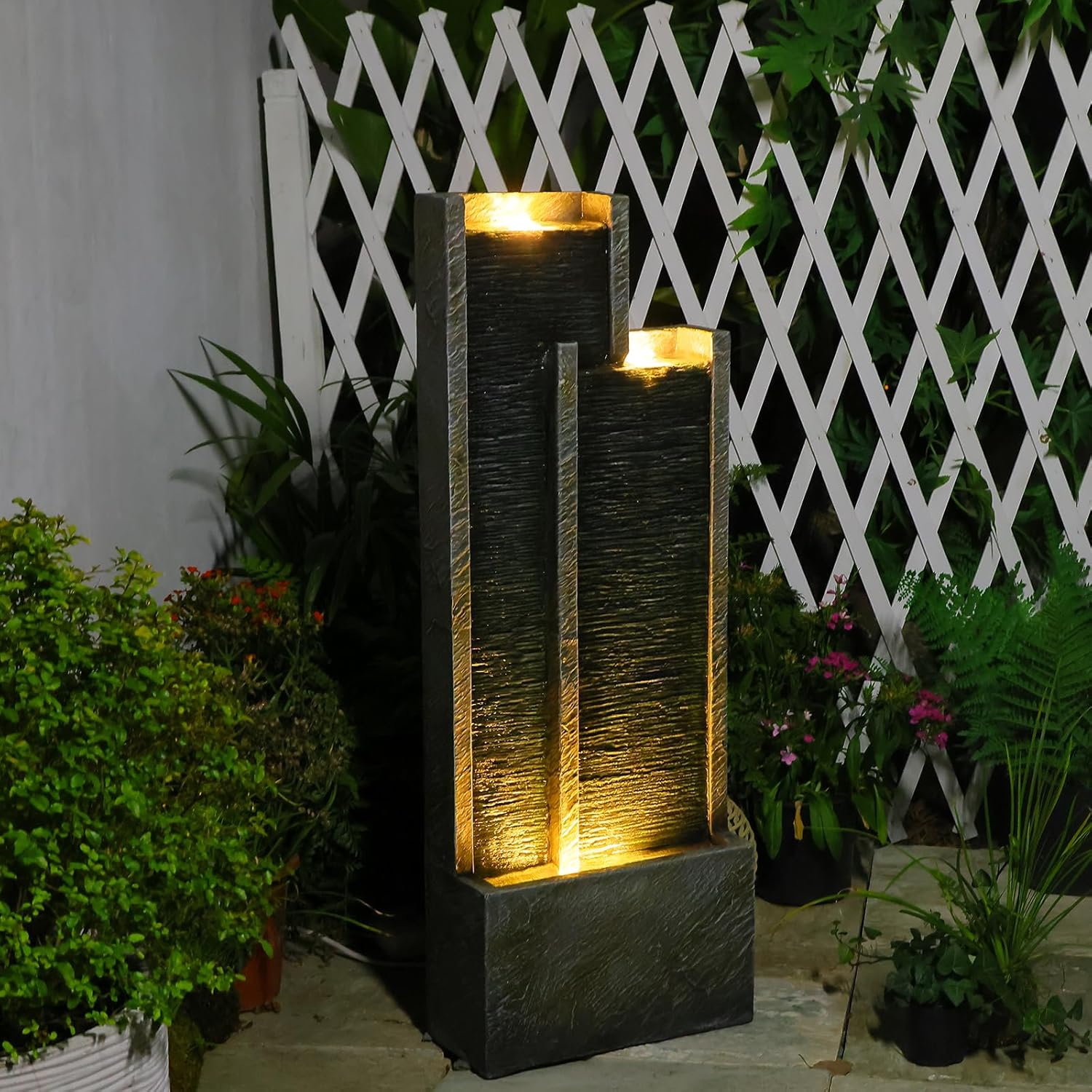 354 Inch Modern Waterfall Fountain with Lights and Gentle Flow