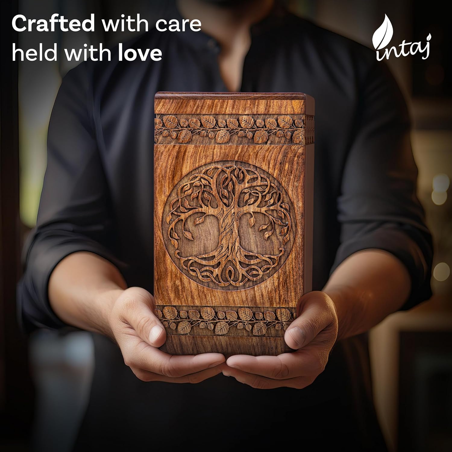 INTAJ Handcarved Wooden Cremation Urn - Celtic Knot Design 115 lbs Capacity