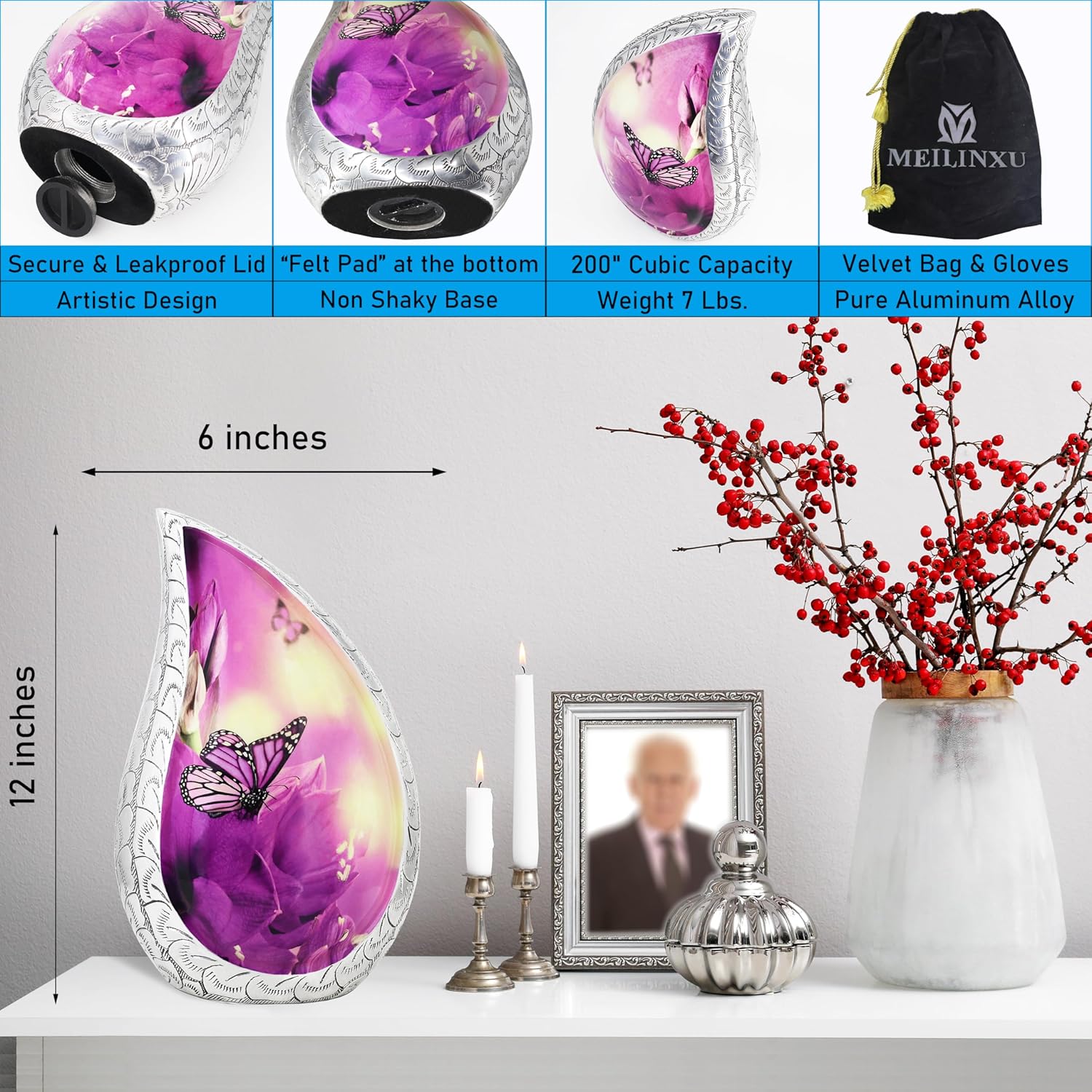 M Meilin Xu Teardrop Cremation Urn Purple Flower Butterfly Large