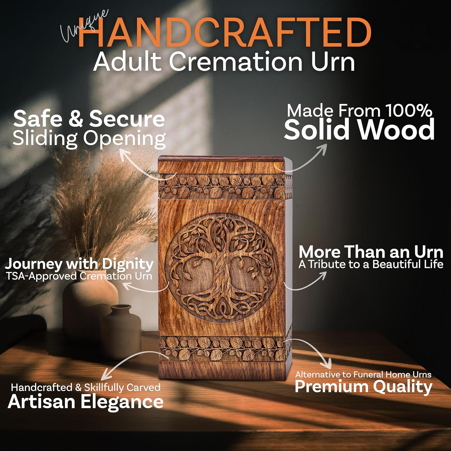 INTAJ Handcarved Wooden Cremation Urn - Celtic Knot Design 115 lbs Capacity