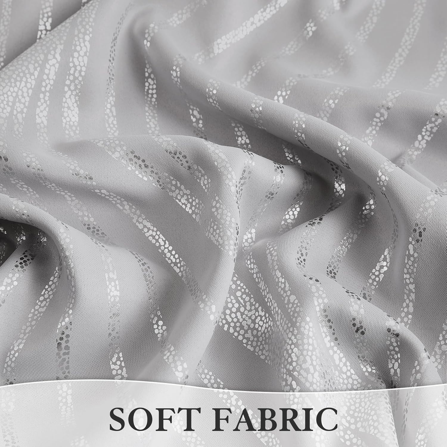 100 Blackout Curtains with Metallic Silver Wave Print