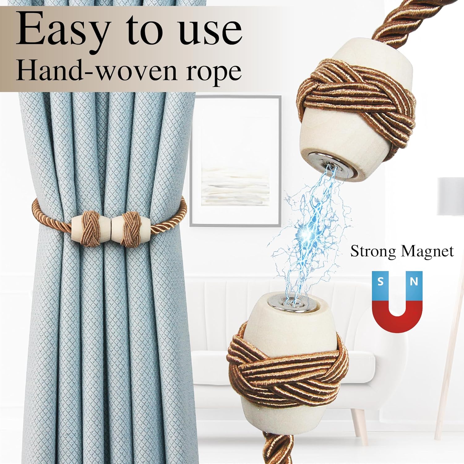 Hangtty Magnetic Rope Tiebacks 4Pack Khaki