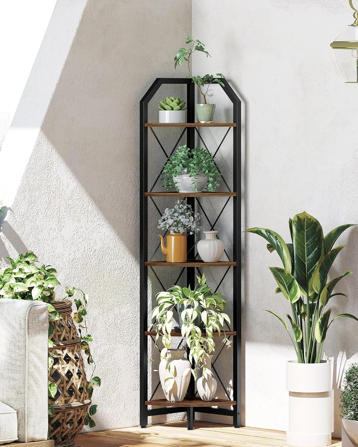5-Tier Industrial Corner Bookshelf with Rustic Design