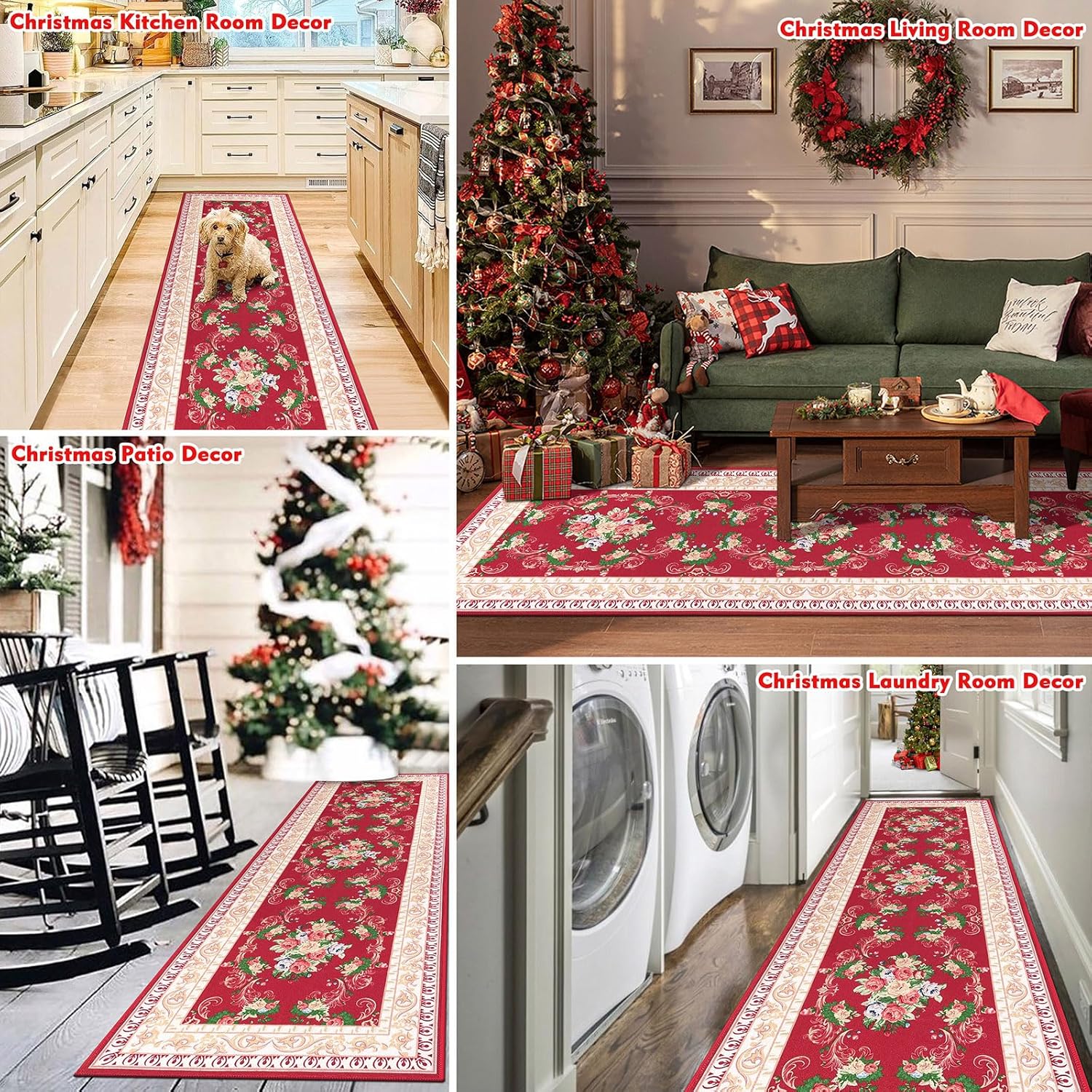 Red Floral Long Runner Rug for Hallway and Entryway