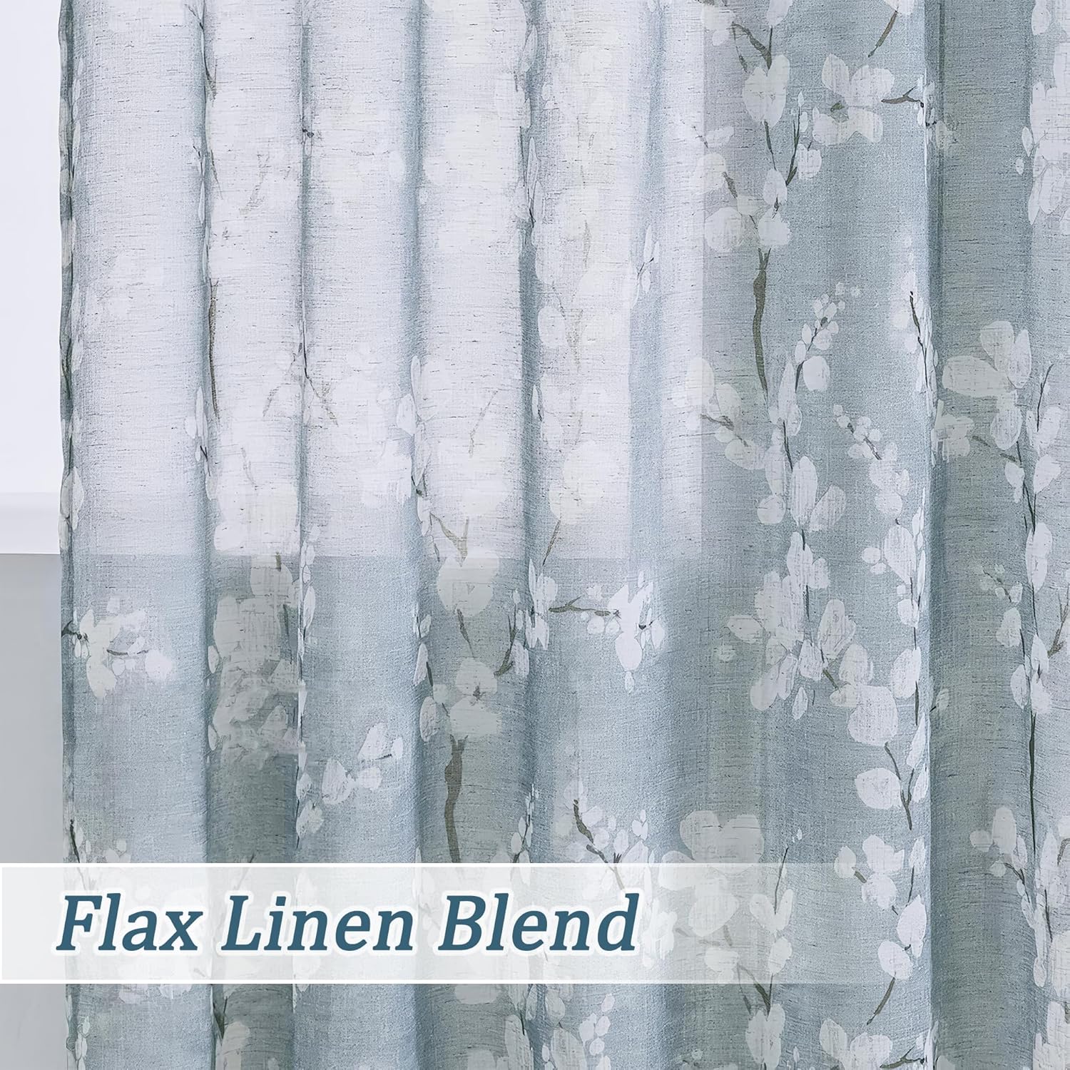 Flax Linen Sheer Curtains with Blossom Print 2 Panels