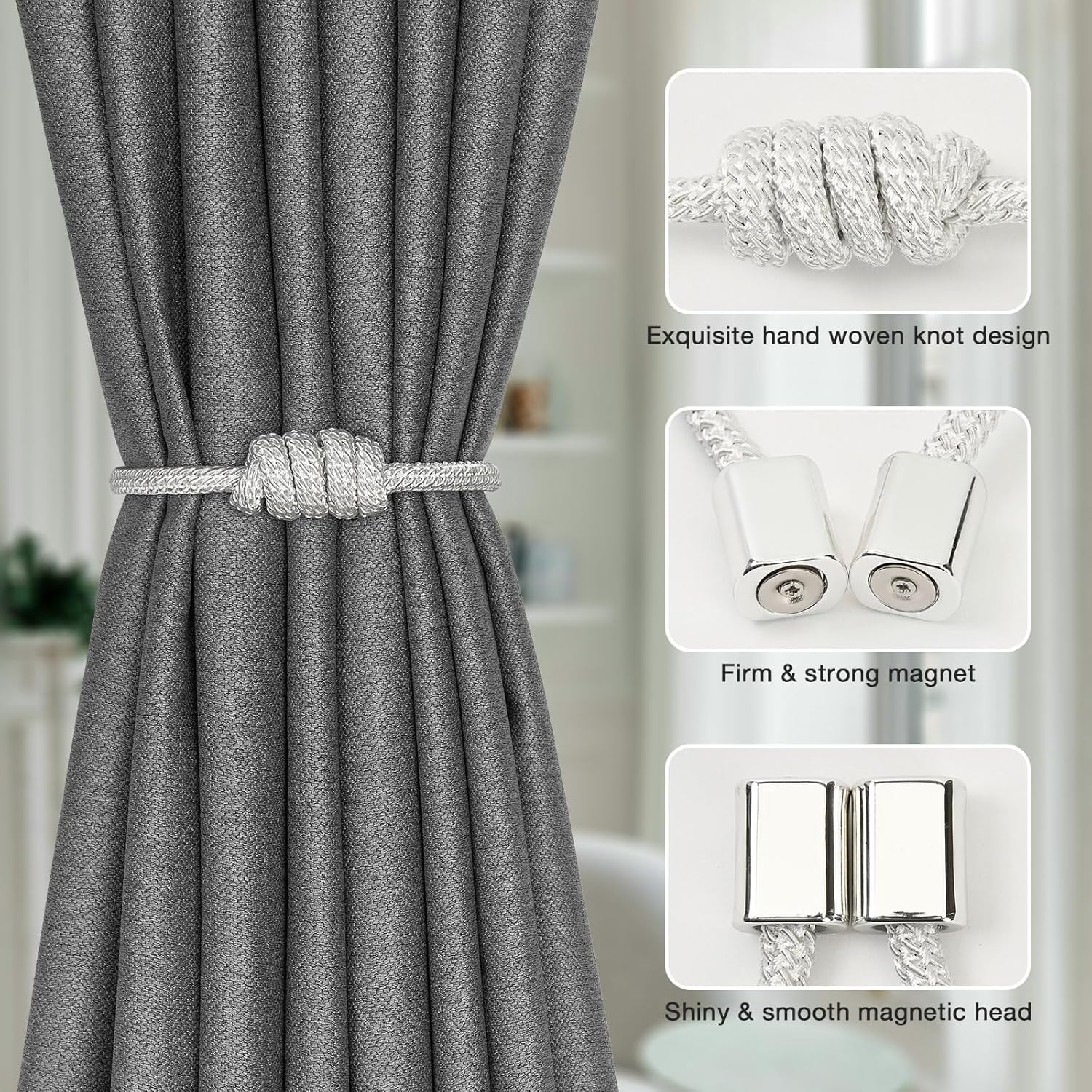 NICEEC 4 Pack Magnetic Curtain Tiebacks White Modern Style
