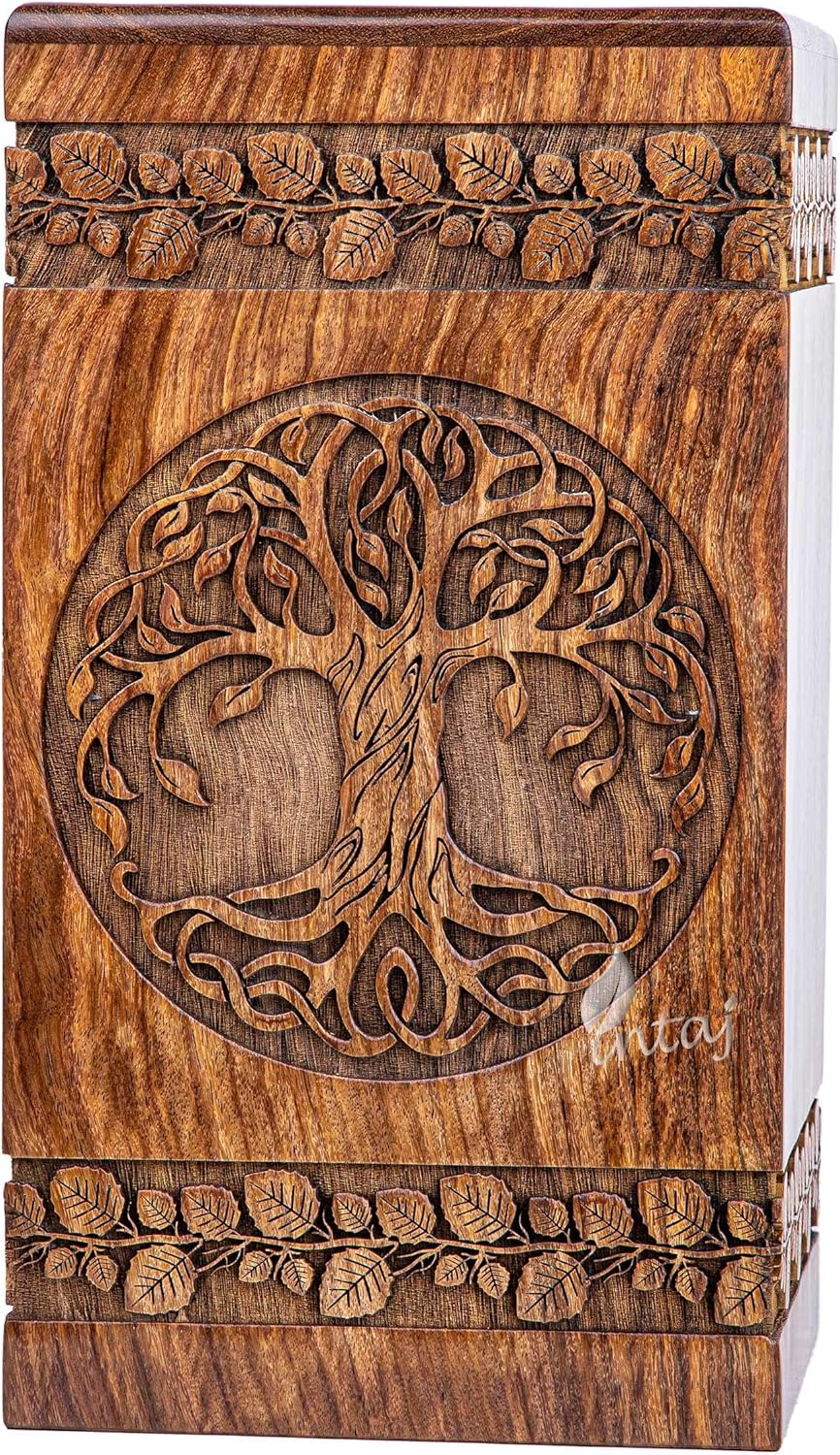 INTAJ Handcarved Wooden Cremation Urn - Celtic Knot Design 115 lbs Capacity