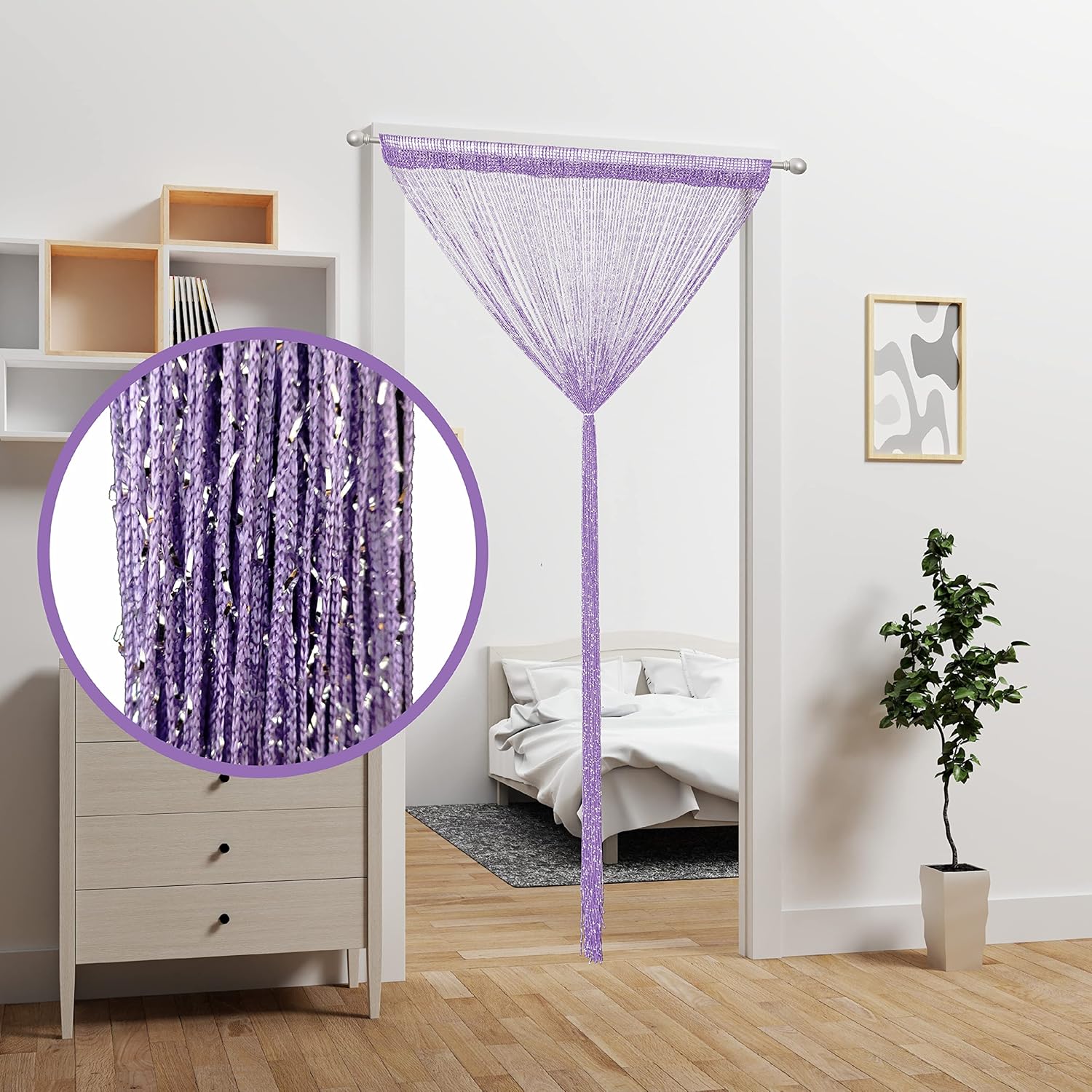Beaded Curtain Panel with Tassels for Doorway Purple