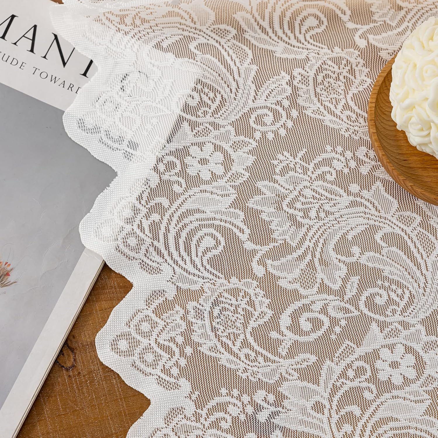 White Lace Semi-Sheer Kitchen Valance Curtains - 1 Panel 52W x 18L Inch