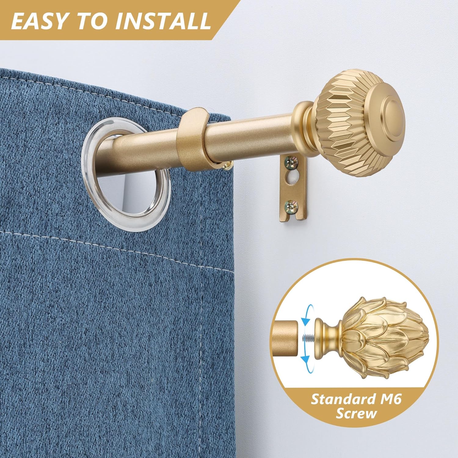 Adjustable Curtain Rods 48-84 Inches 1 Inch Diameter Gold Finials
