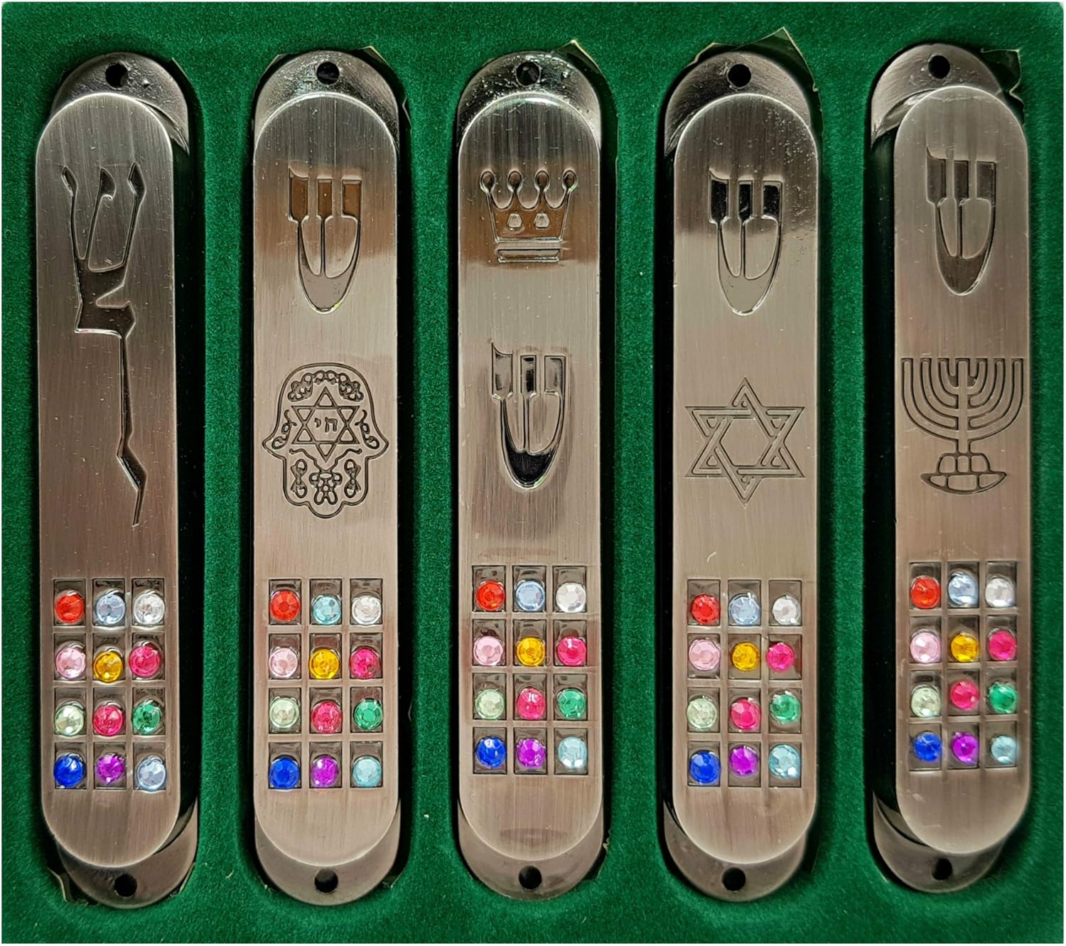 Set of 5 Pewter Mezuzah Cases with Star of David and Hoshen Stones