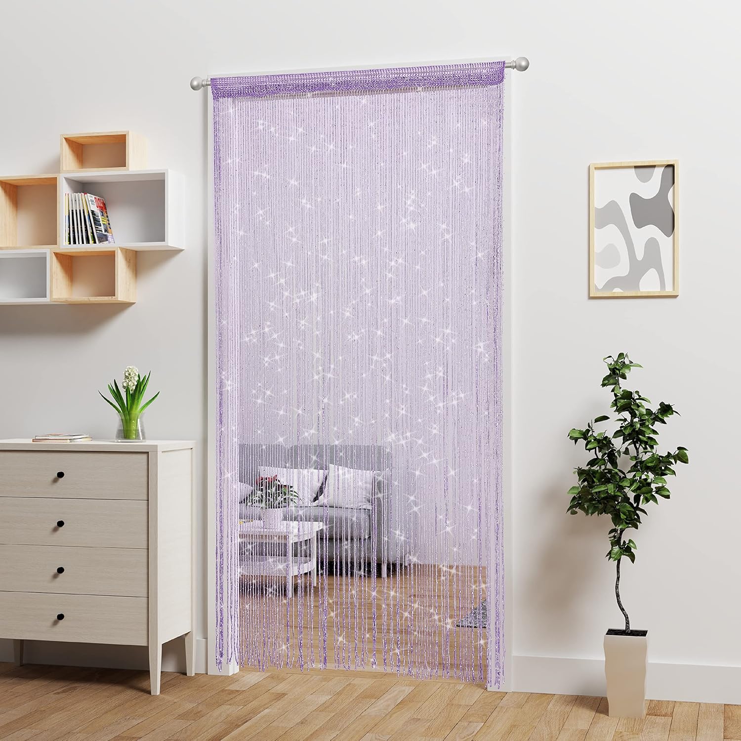 Beaded Curtain Panel with Tassels for Doorway Purple