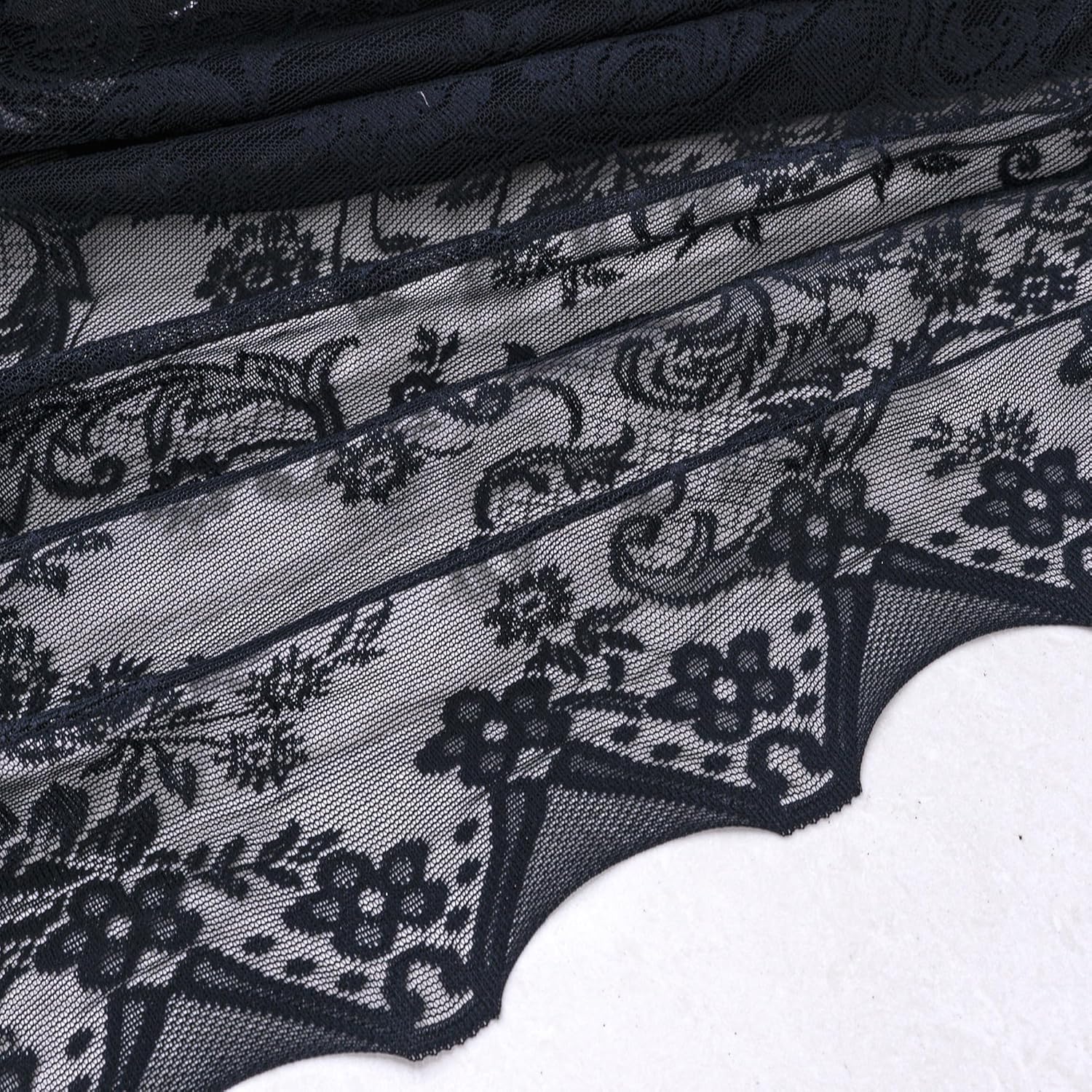 Boho Black Lace Beaded Waterfall Valance Curtains 39x41