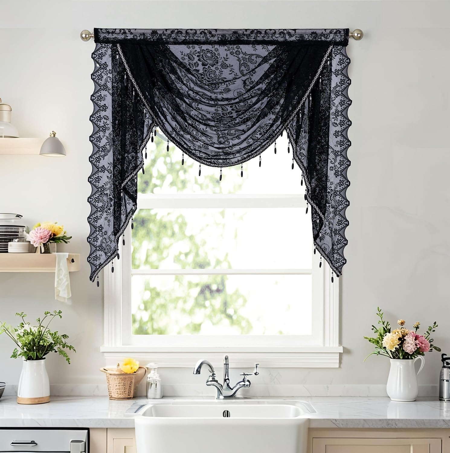 Boho Black Lace Beaded Waterfall Valance Curtains 39x41