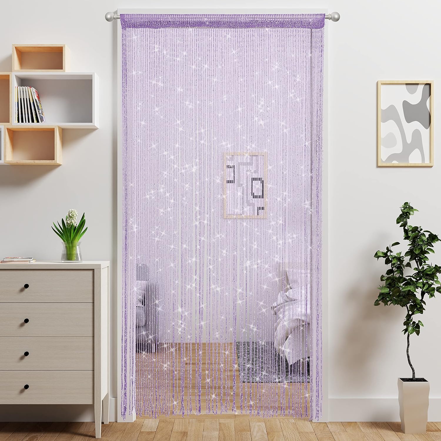 Beaded Curtain Panel with Tassels for Doorway Purple
