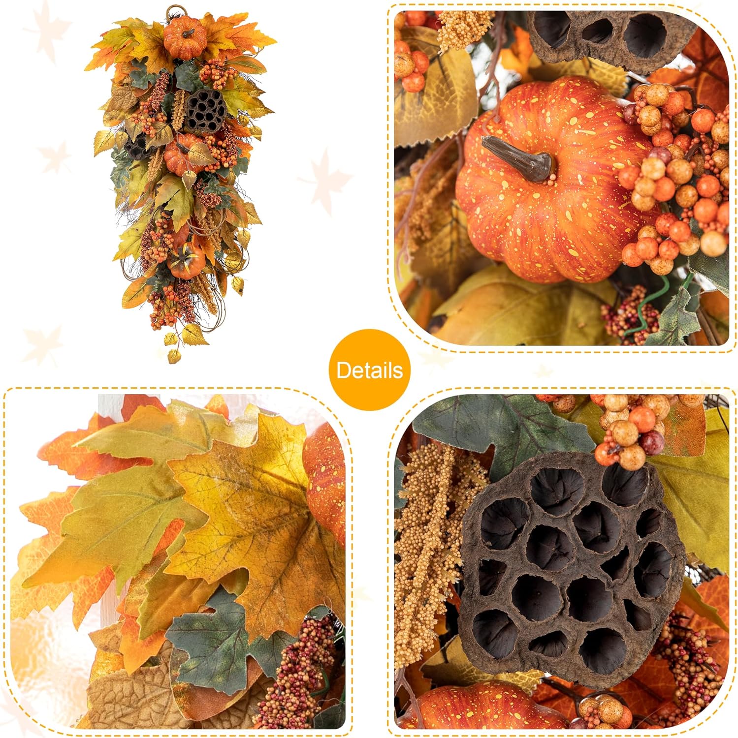 Glitzhome 2Pcs Fall Pumpkin Leaf Swag with Grapevine Base