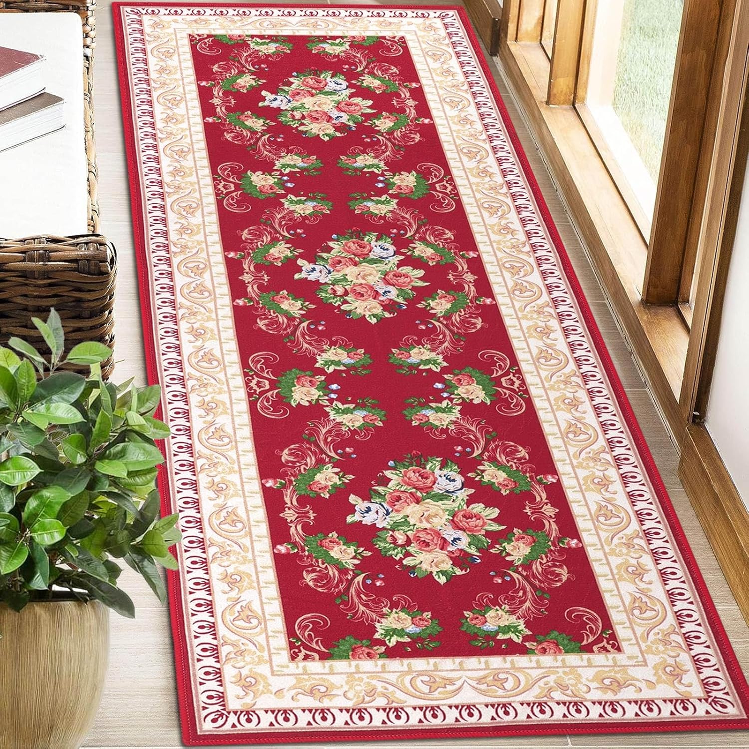 Red Floral Long Runner Rug for Hallway and Entryway