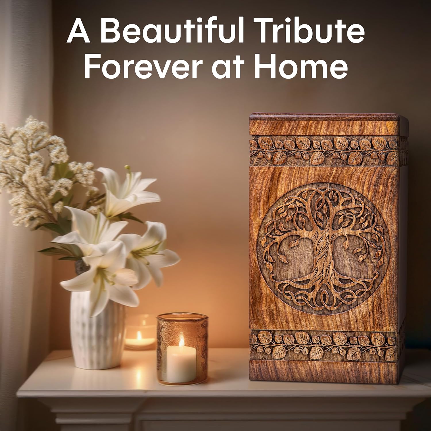INTAJ Handcarved Wooden Cremation Urn - Celtic Knot Design 115 lbs Capacity
