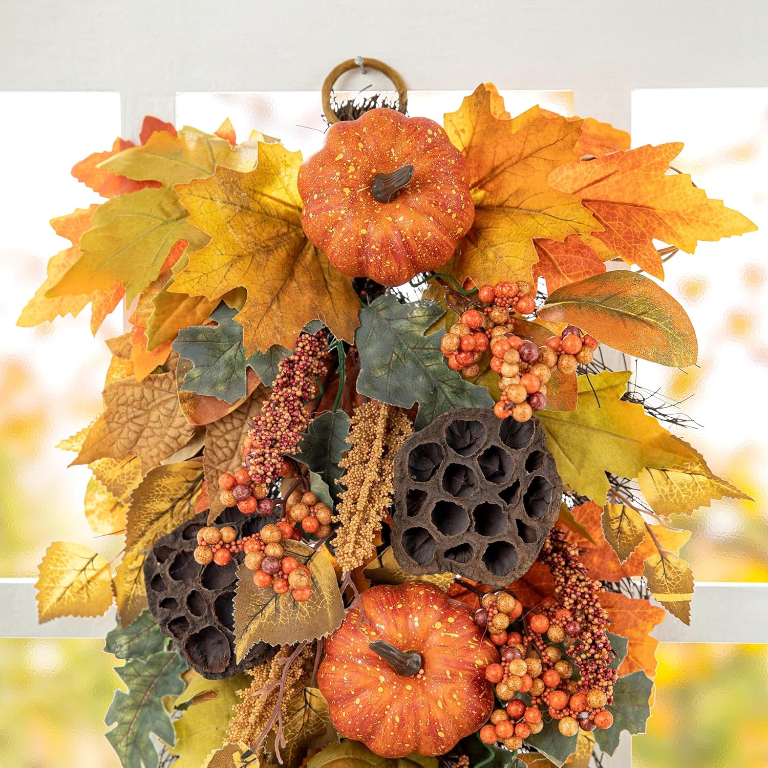 Glitzhome 2Pcs Fall Pumpkin Leaf Swag with Grapevine Base