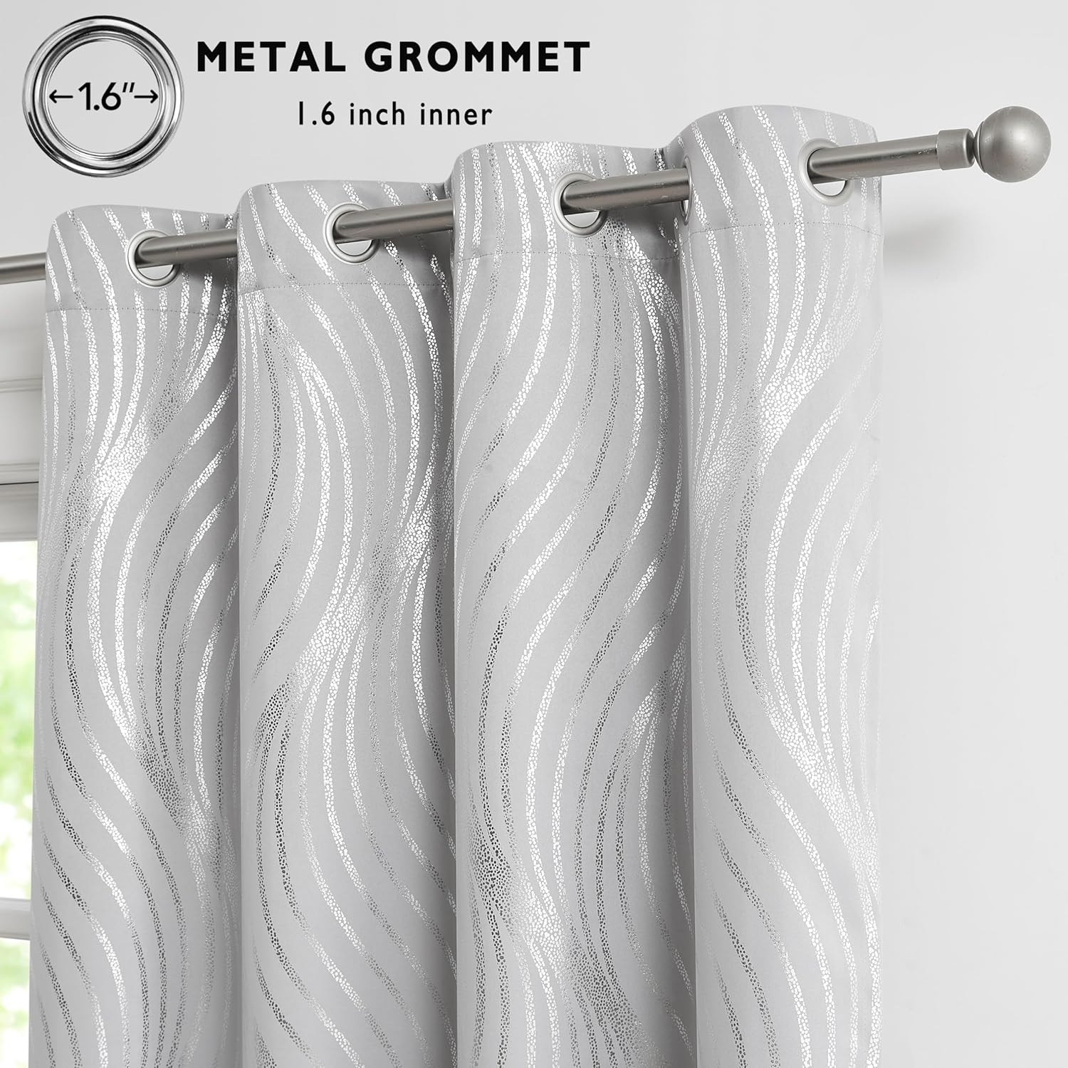 100 Blackout Curtains with Metallic Silver Wave Print