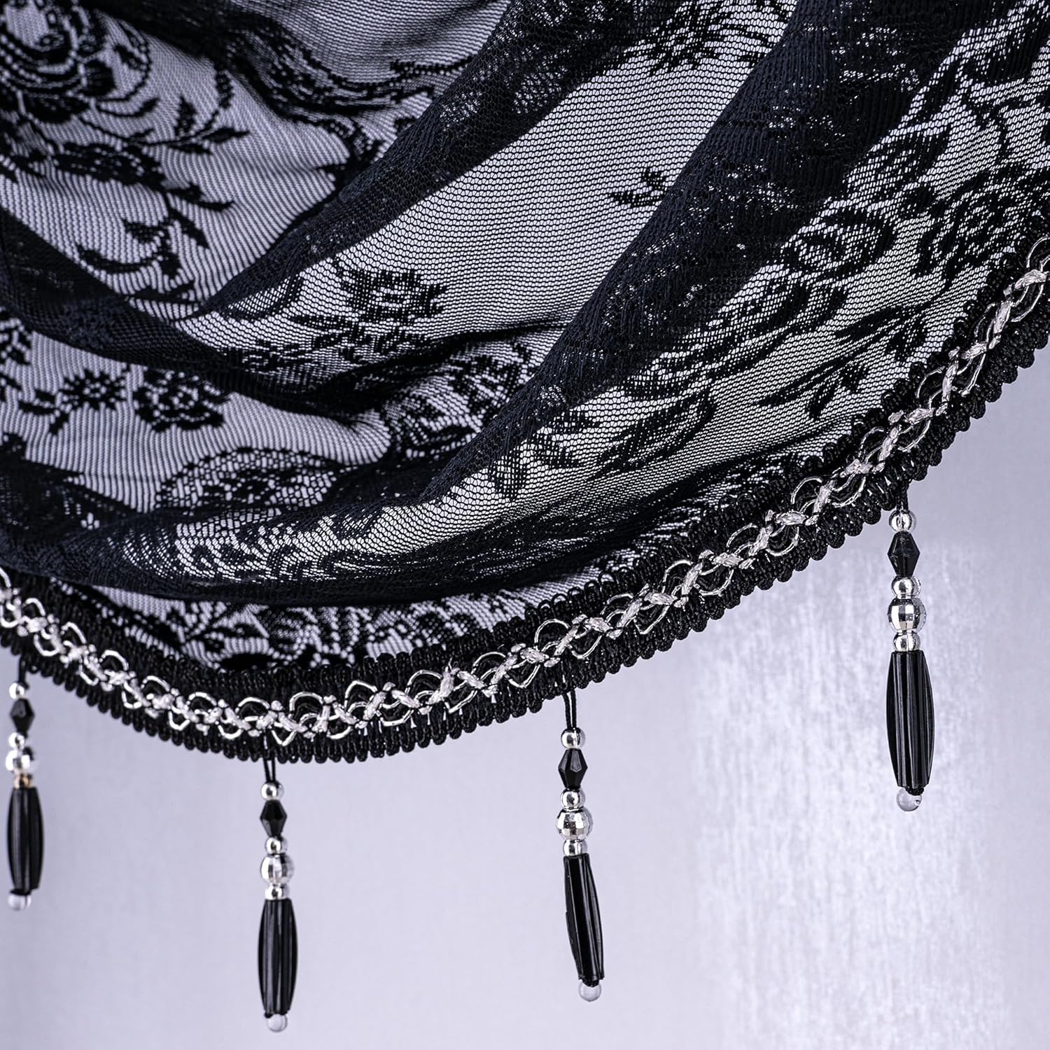 Boho Black Lace Beaded Waterfall Valance Curtains 39x41