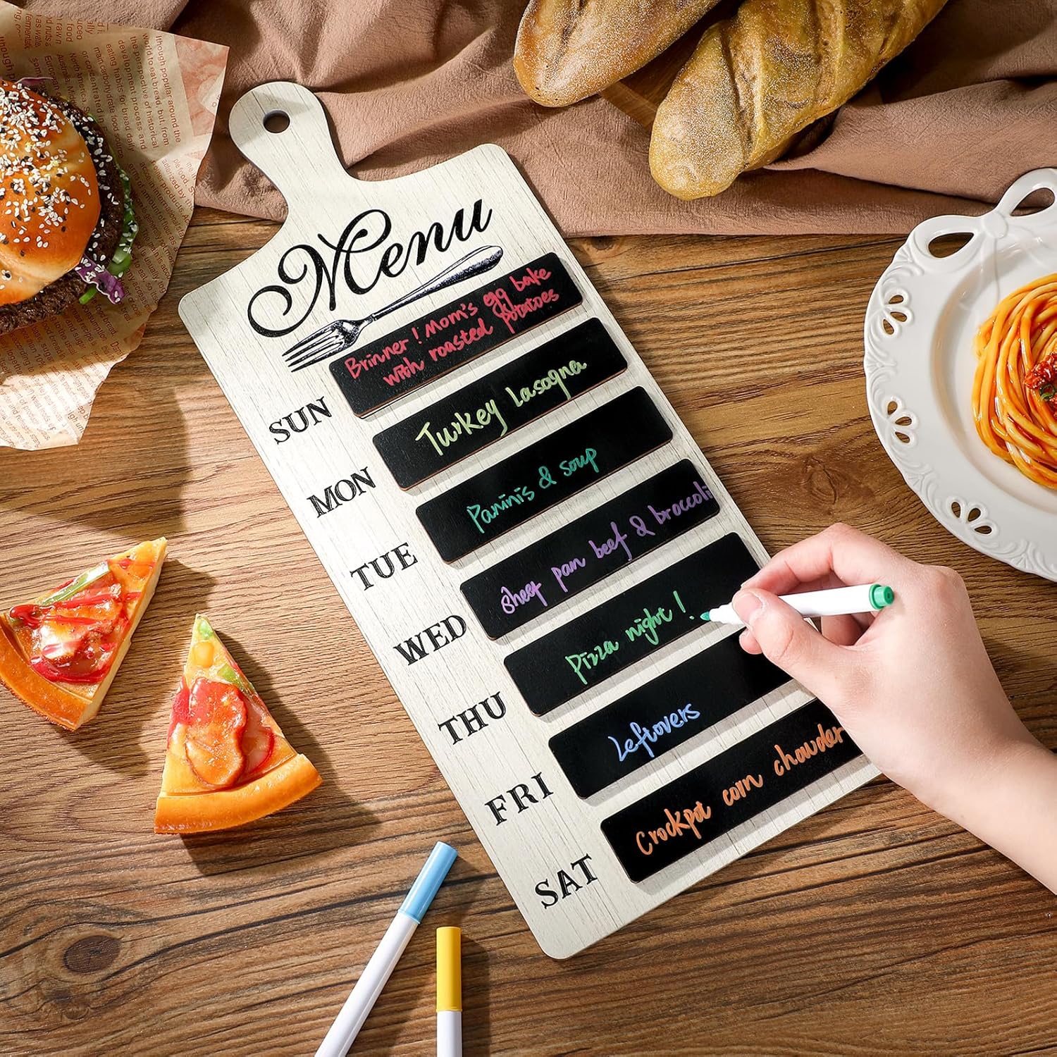 Maxdot Weekly Menu Board Wood Planner with 7 Markers and Towel