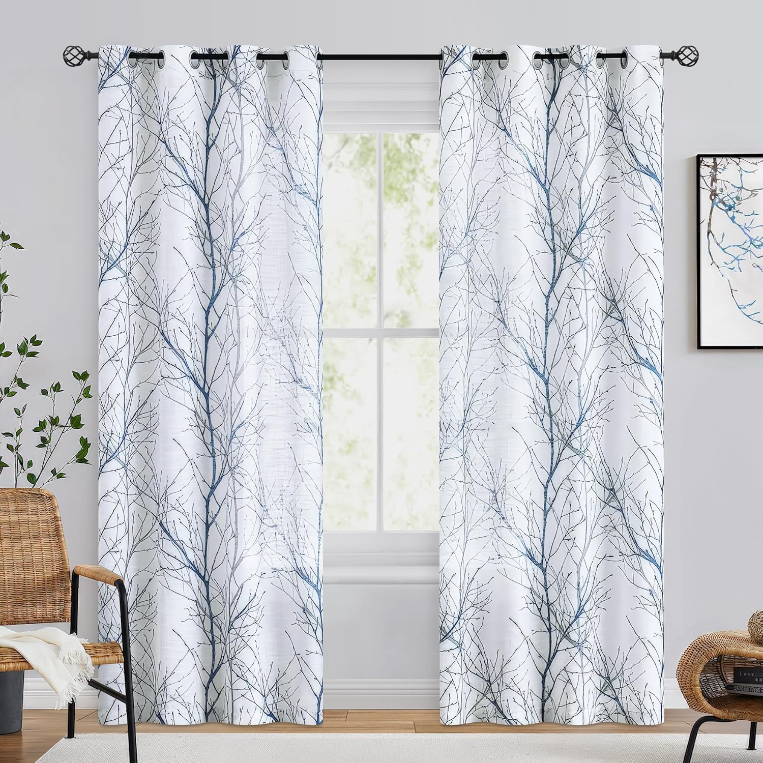 Linen Semi Sheer Curtains with Grommet Top 2 Panels