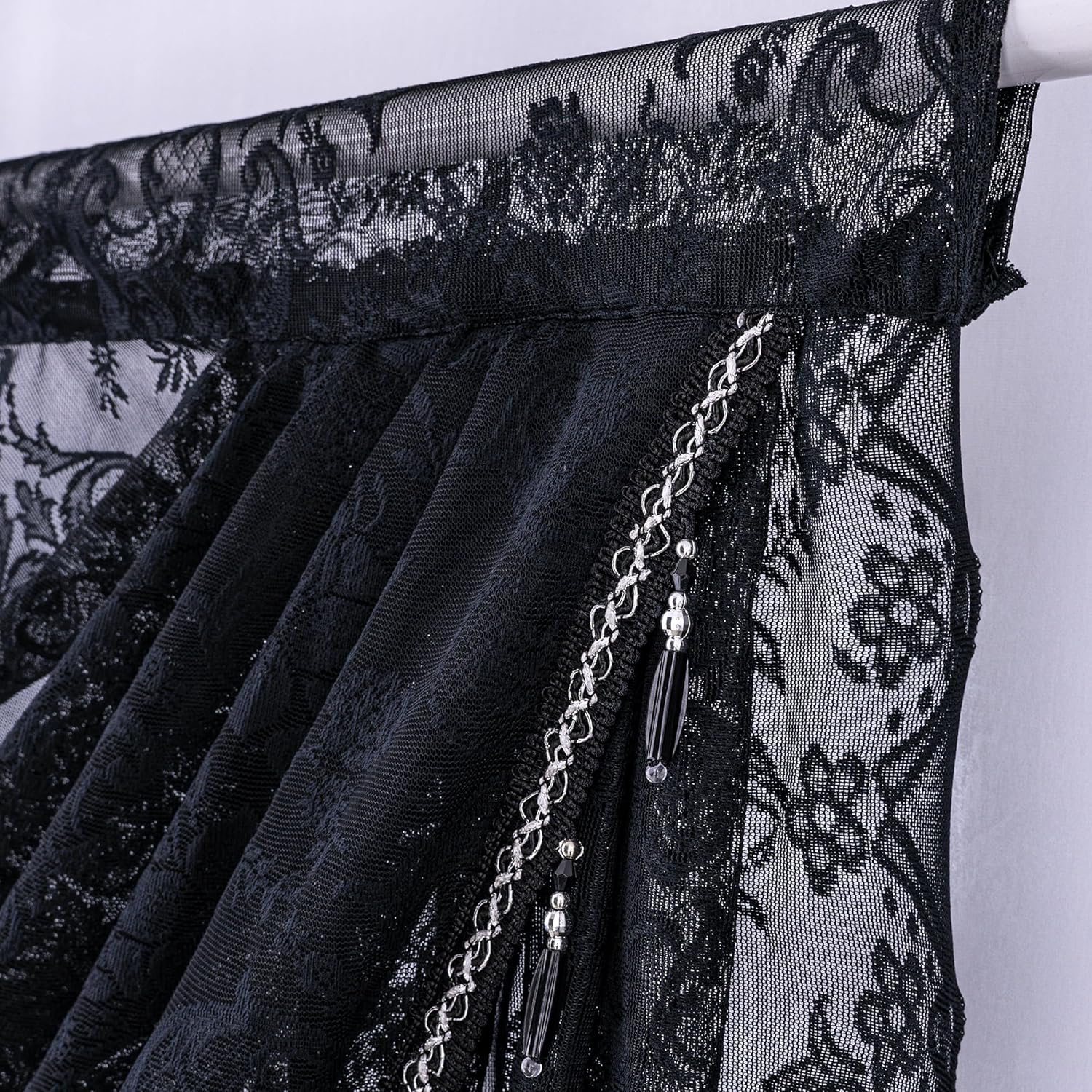 Boho Black Lace Beaded Waterfall Valance Curtains 39x41