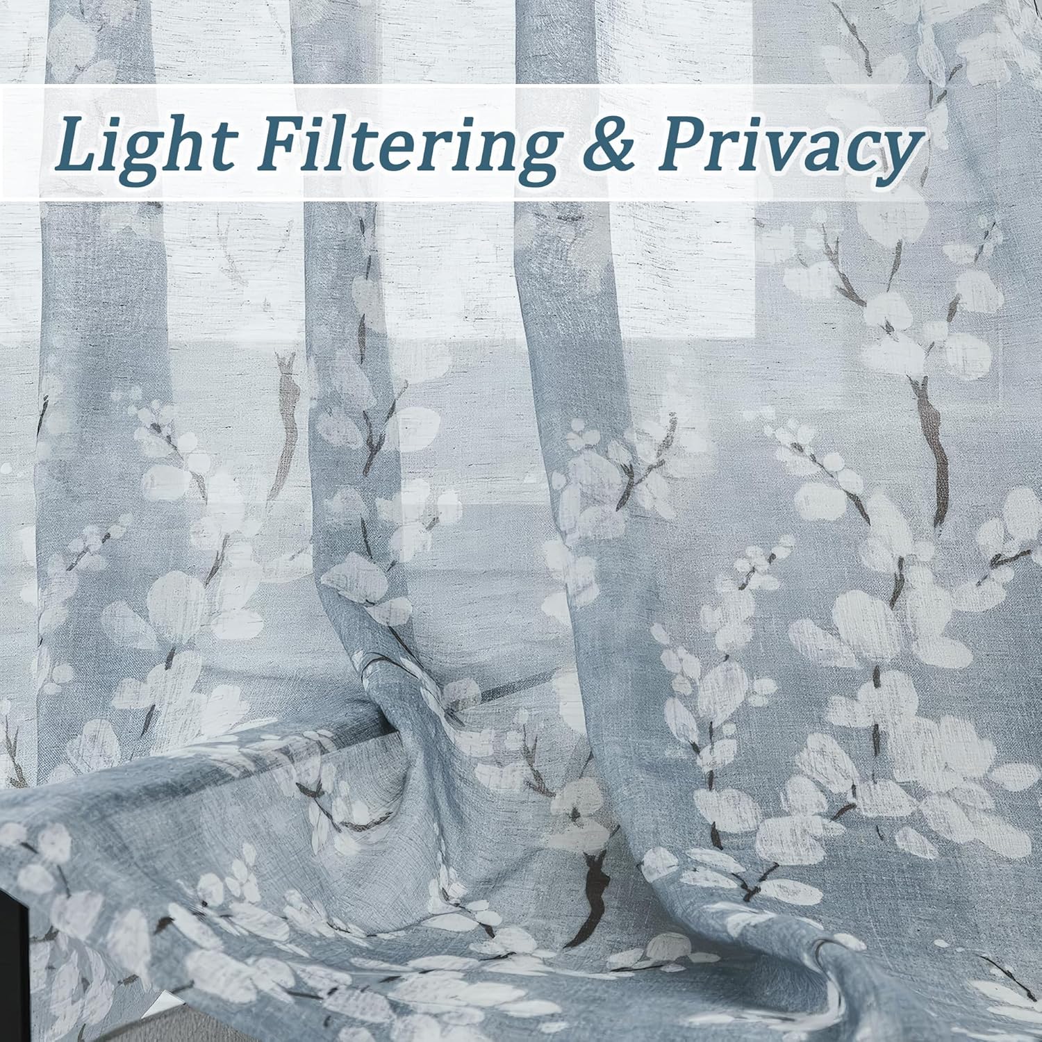 Flax Linen Sheer Curtains with Blossom Print 2 Panels