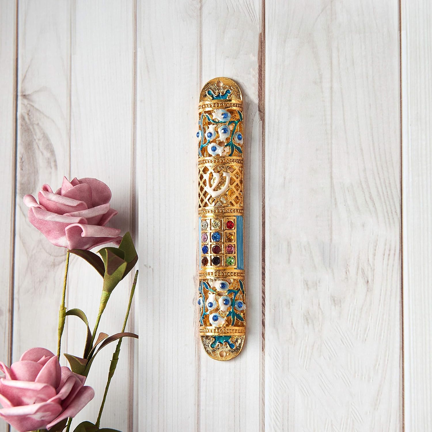 Matashi Hand Painted Enamel Mezuzah with Crystals and Gold Accents