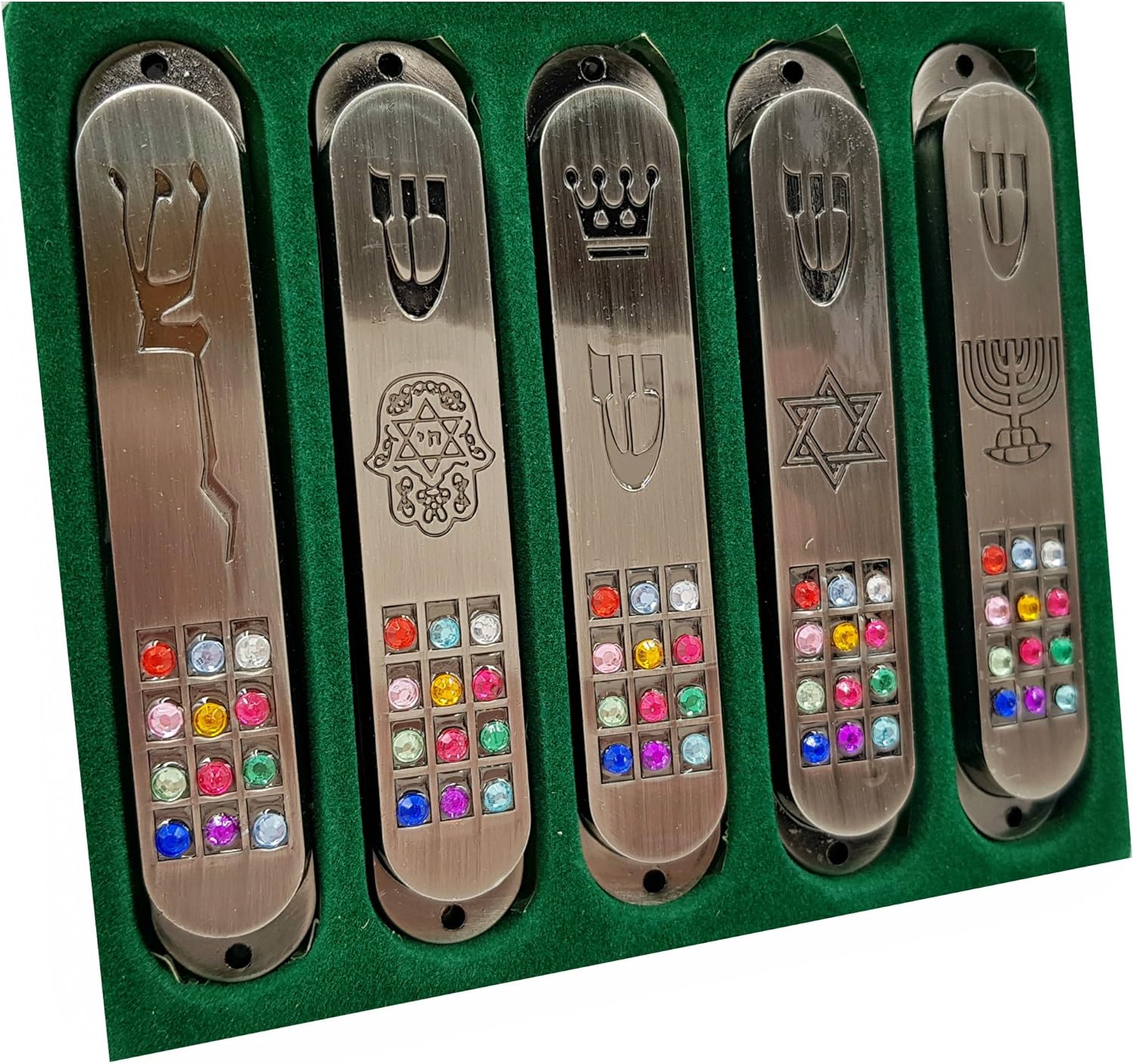 Set of 5 Pewter Mezuzah Cases with Star of David and Hoshen Stones