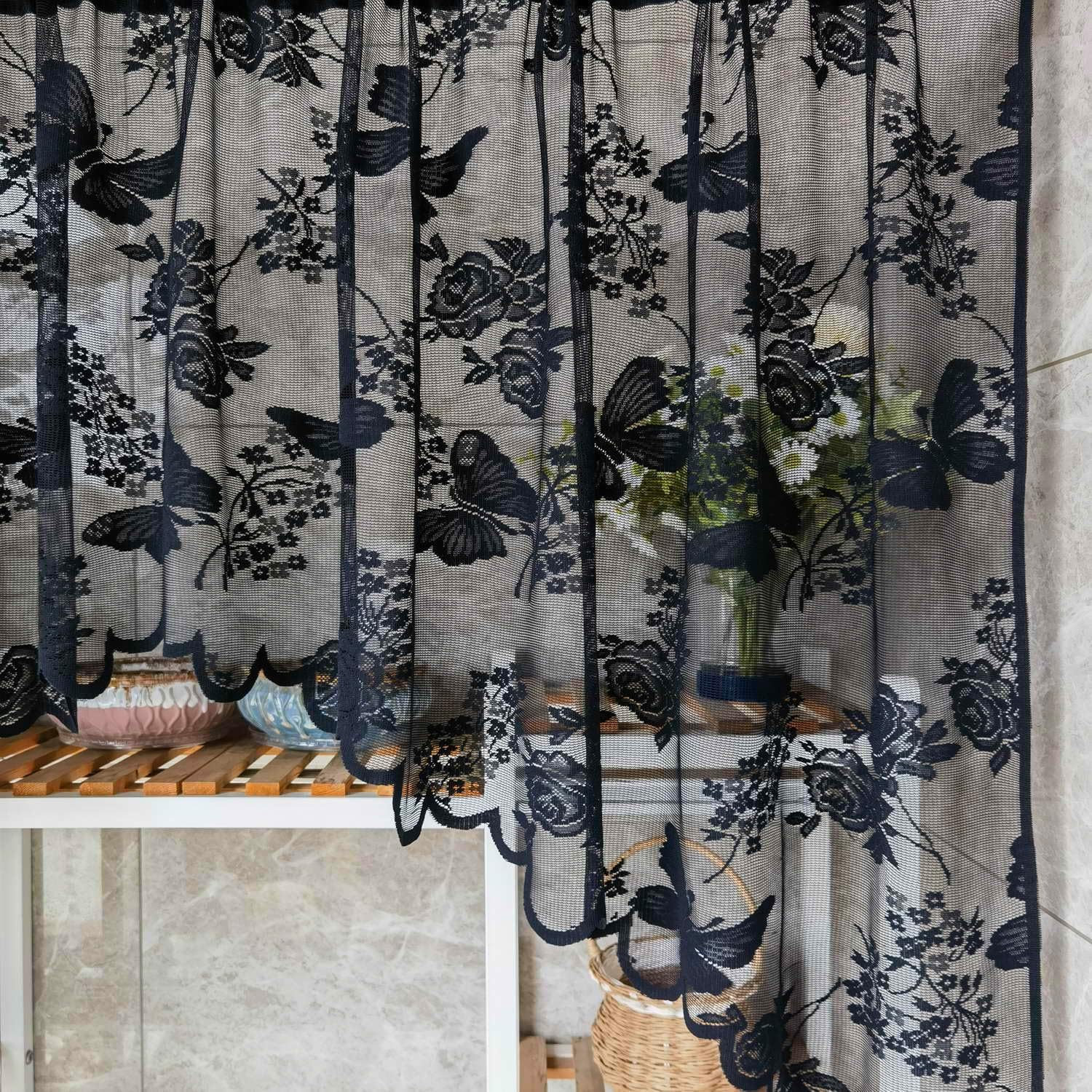 KMSG Butterfly Embroidered Sheer Curtain Valance with Rod Pocket