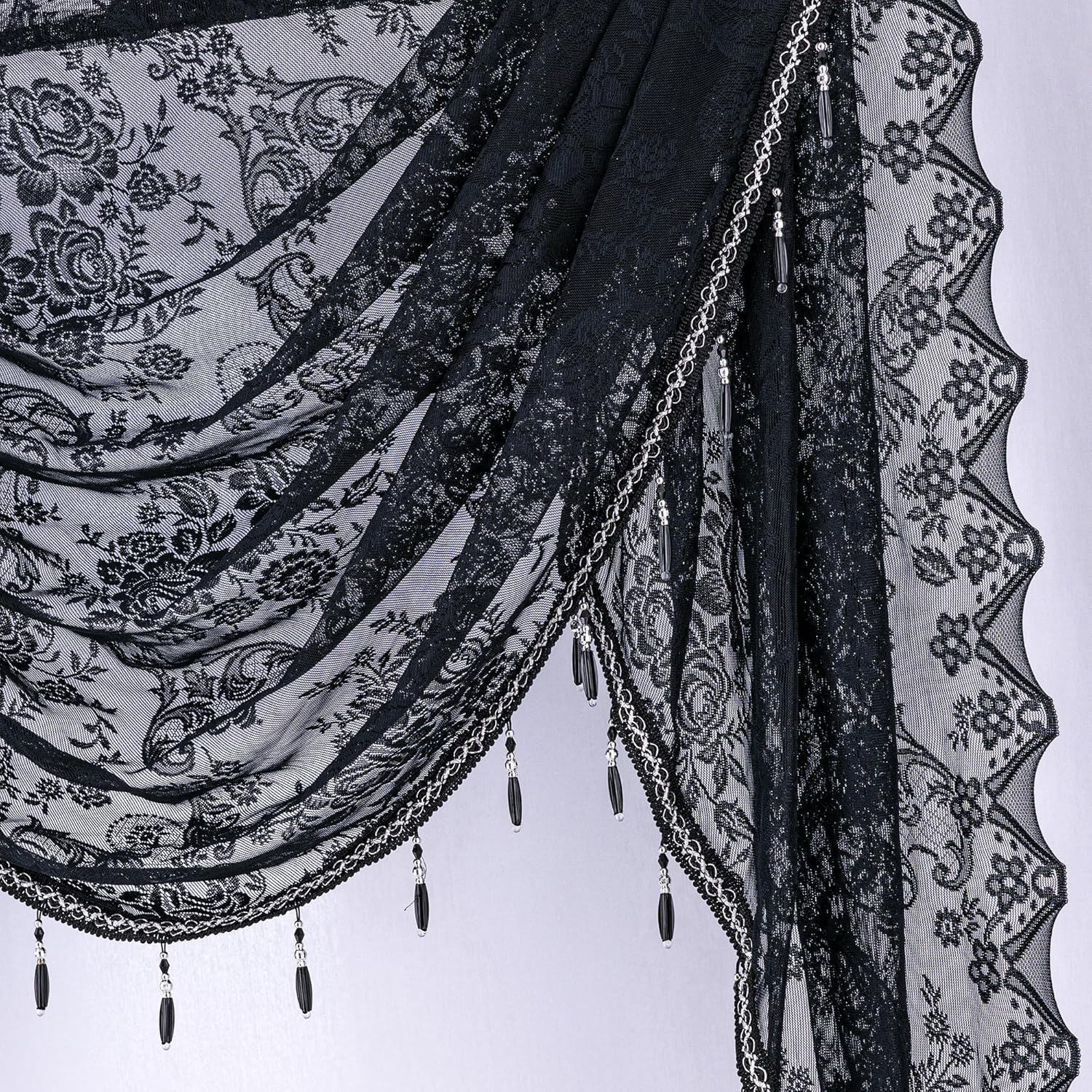 Boho Black Lace Beaded Waterfall Valance Curtains 39x41
