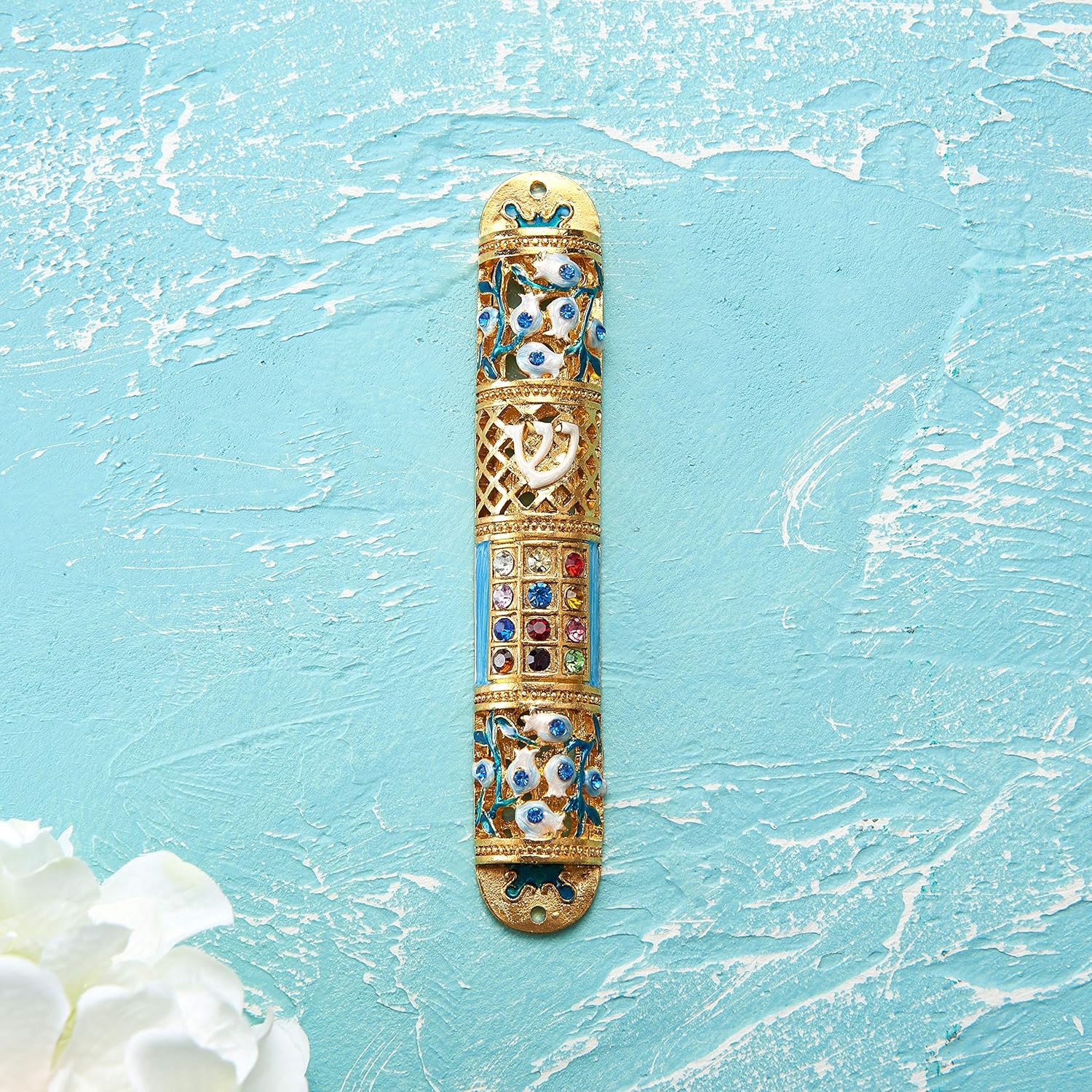 Matashi Hand Painted Enamel Mezuzah with Crystals and Gold Accents