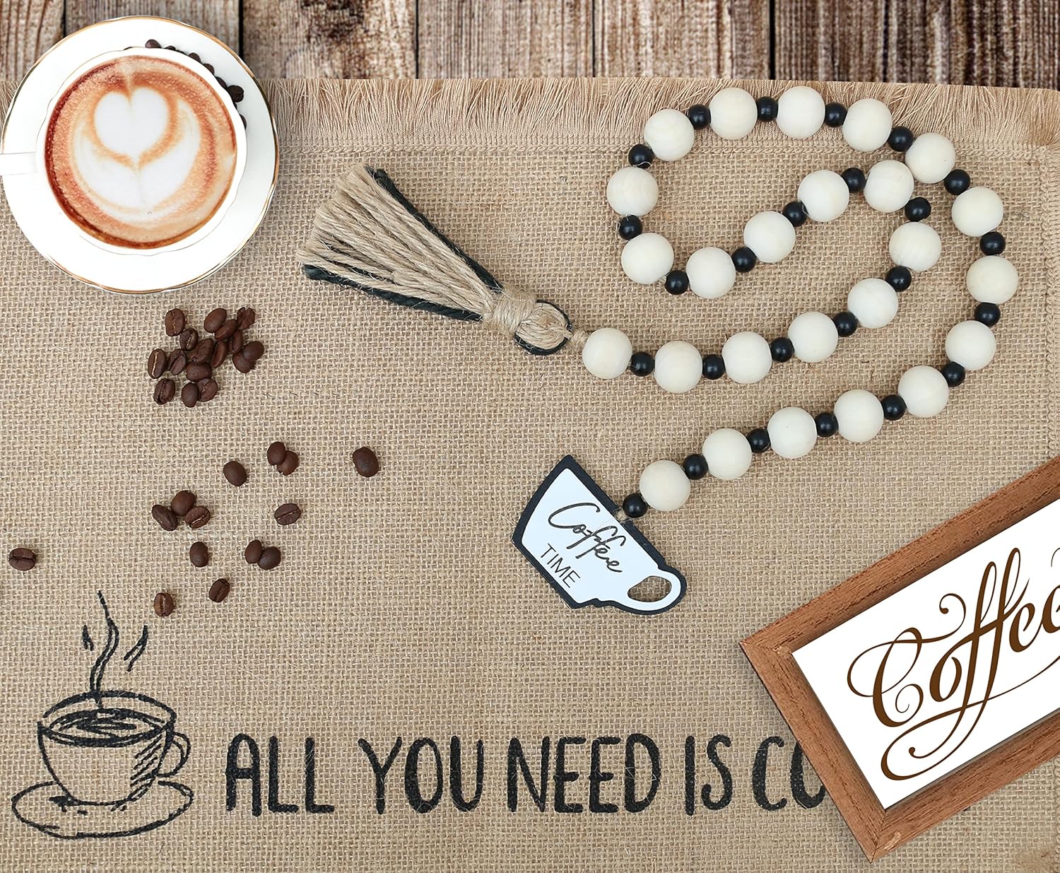 Meplait Coffee Themed Garland with Wood Beads and Jute Rope